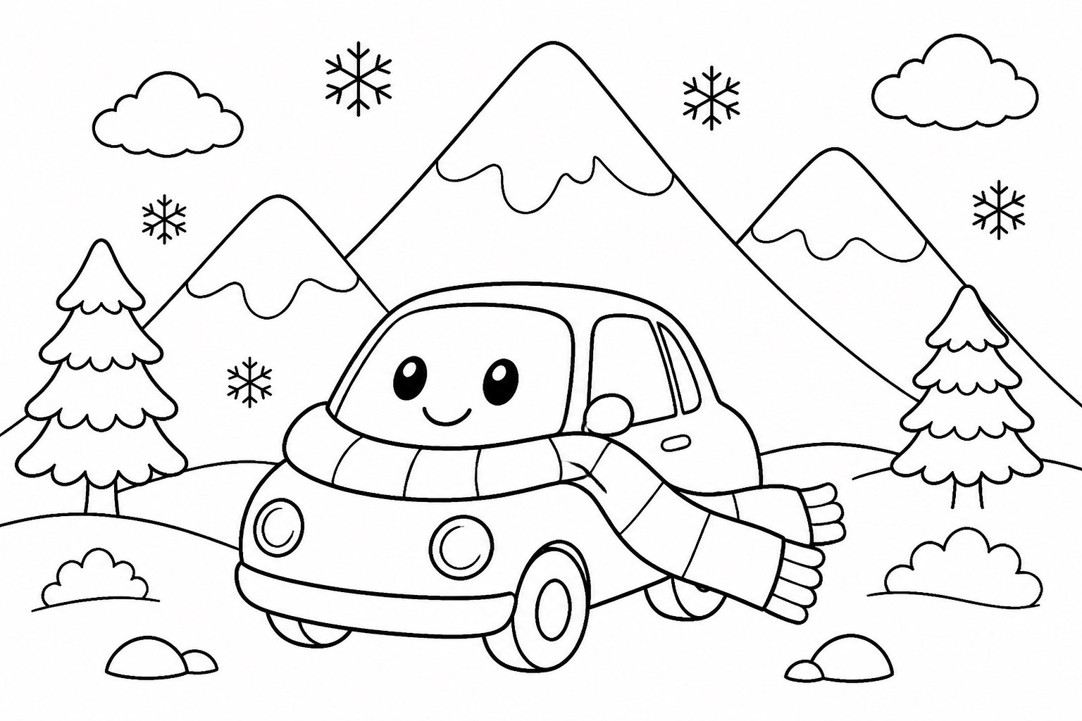 Petit chariot à l’écharpe rouge sous la montagne enneigée