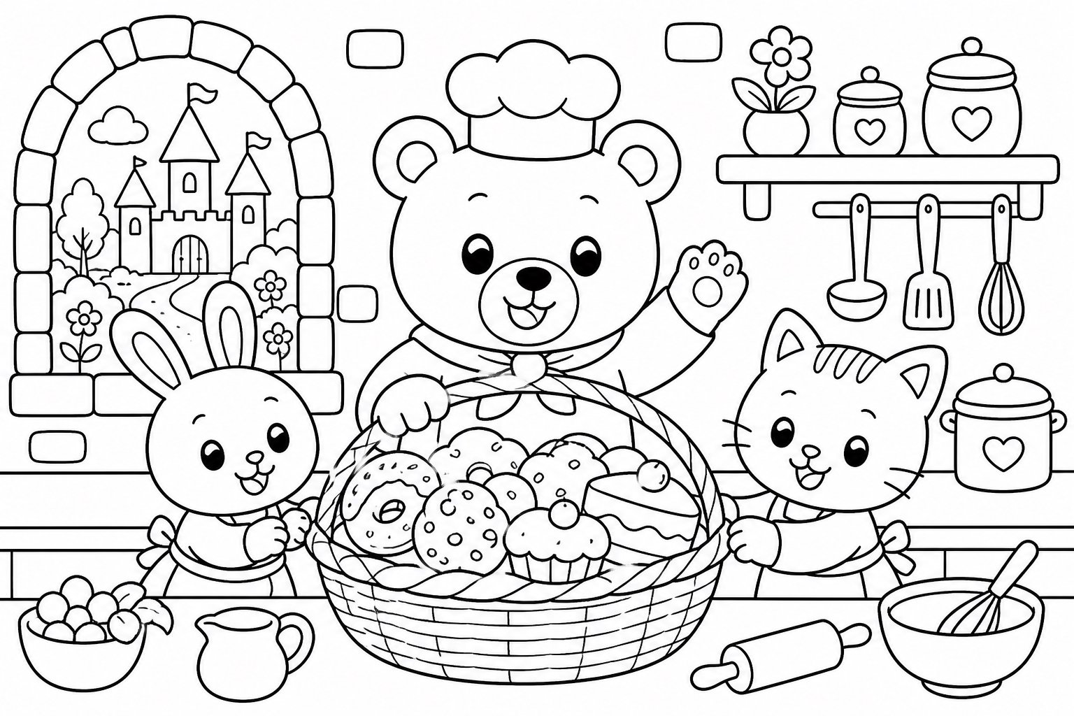 Корзина с выпечкой на кухне замка