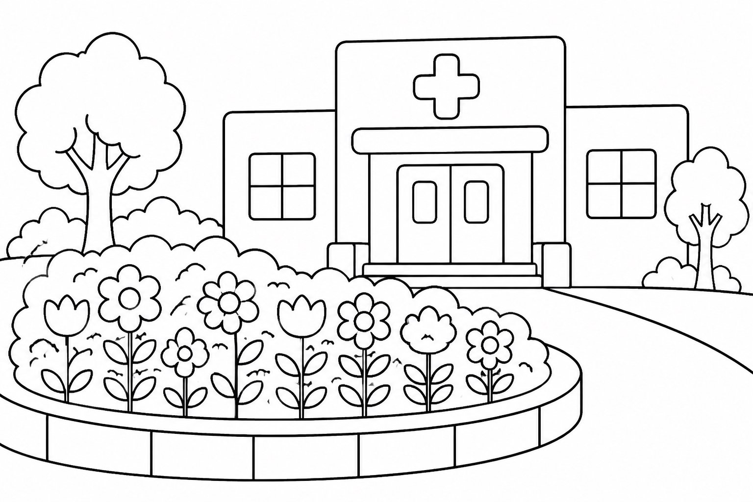 Parterre de flores a la entrada del hospital