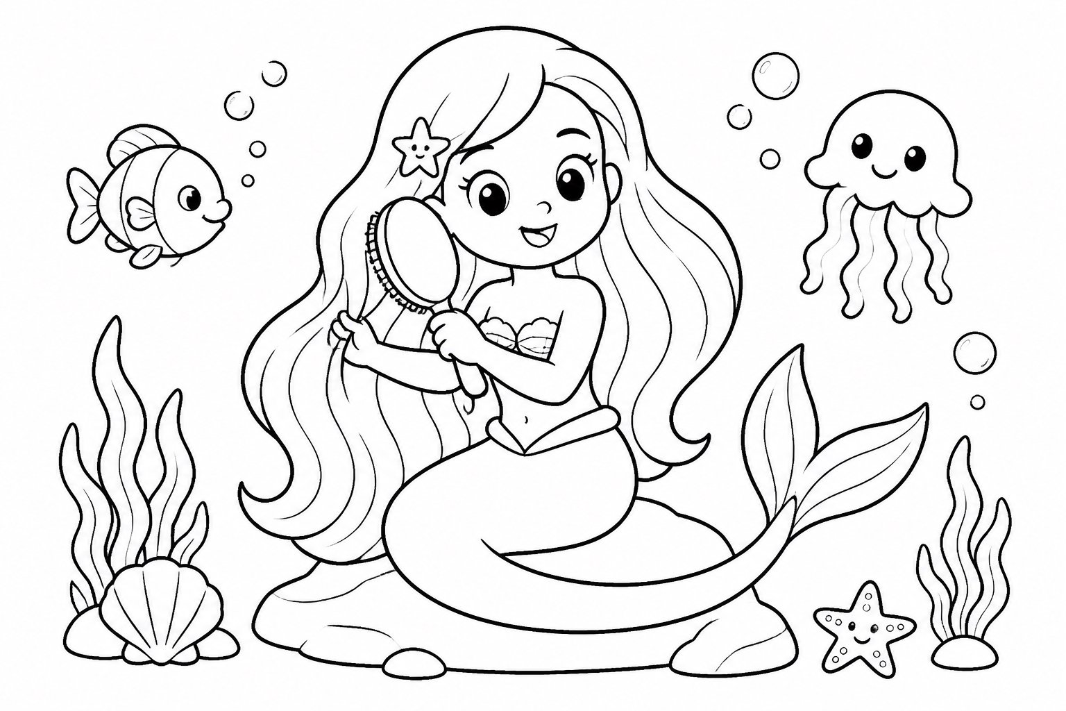 Pequena sereia penteando seus longos cabelos