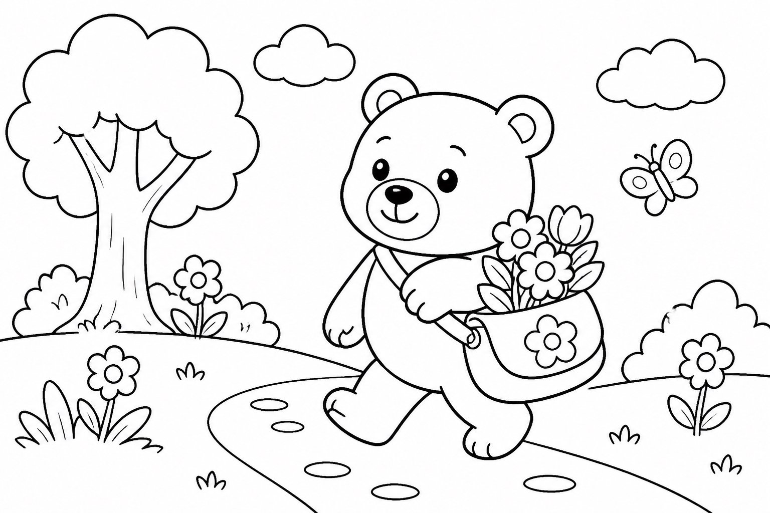 Petit ours portant une sacoche postale fleurie