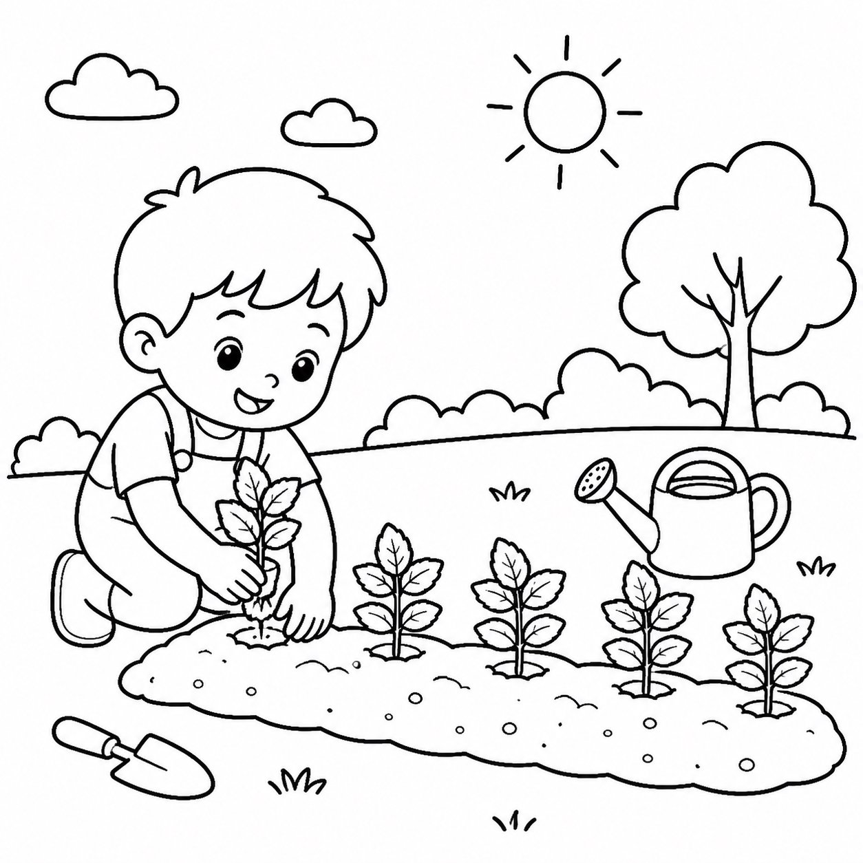 ミントを一列に植える子どもたち