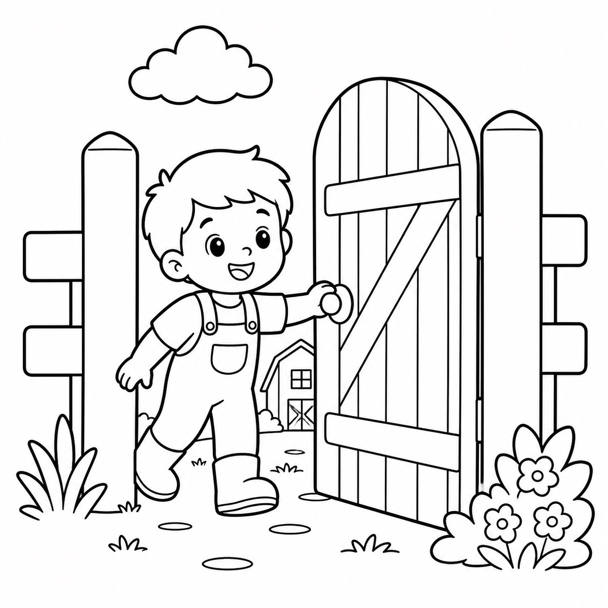 子どもが農場の木の門を開ける