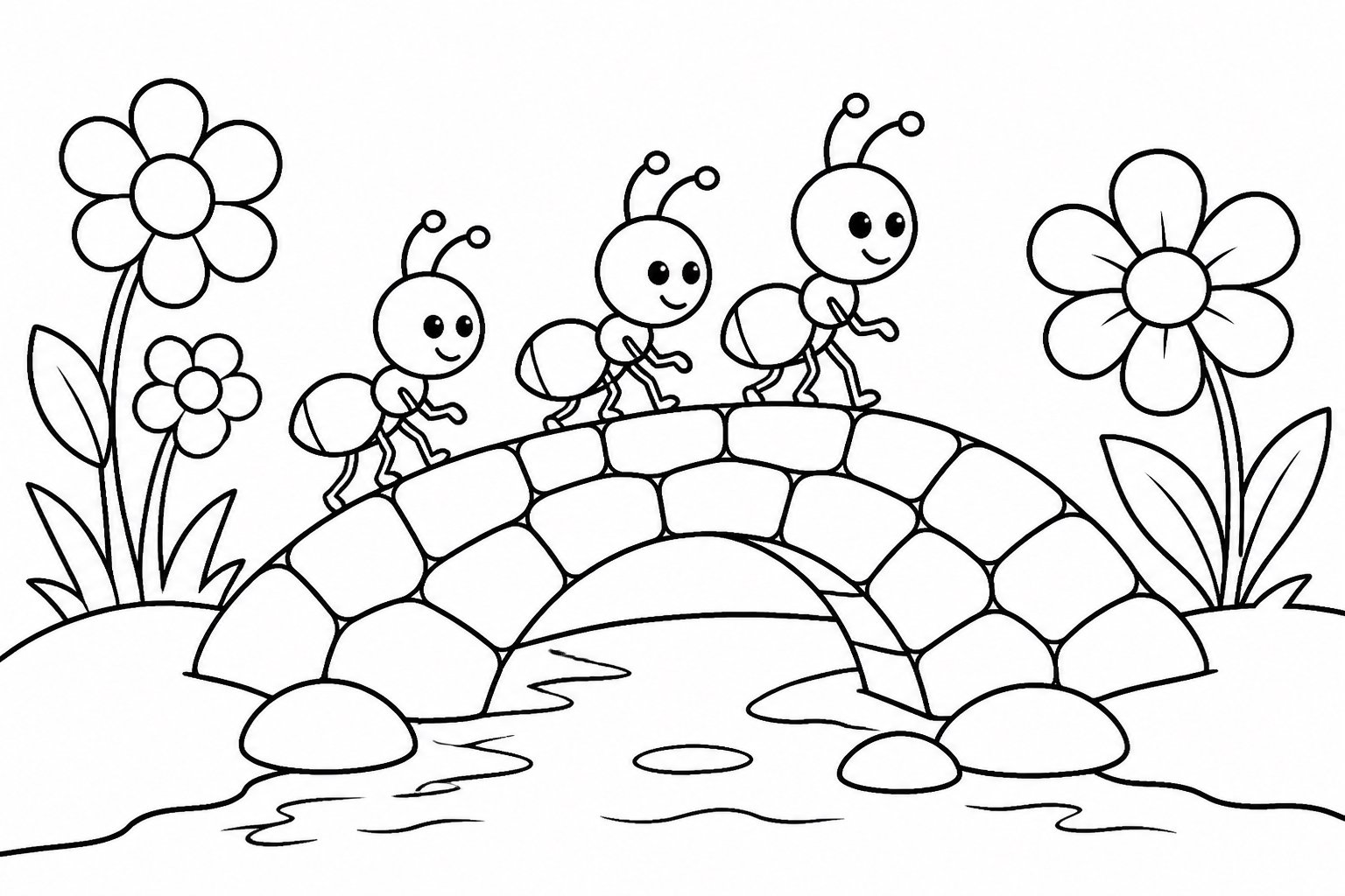 Hormigas cruzando un pequeño puente de piedra