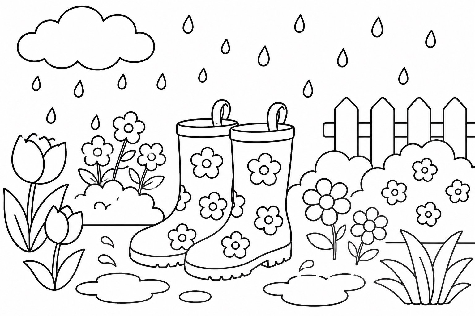 Botas de lluvia del jardín bajo la lluvia de primavera