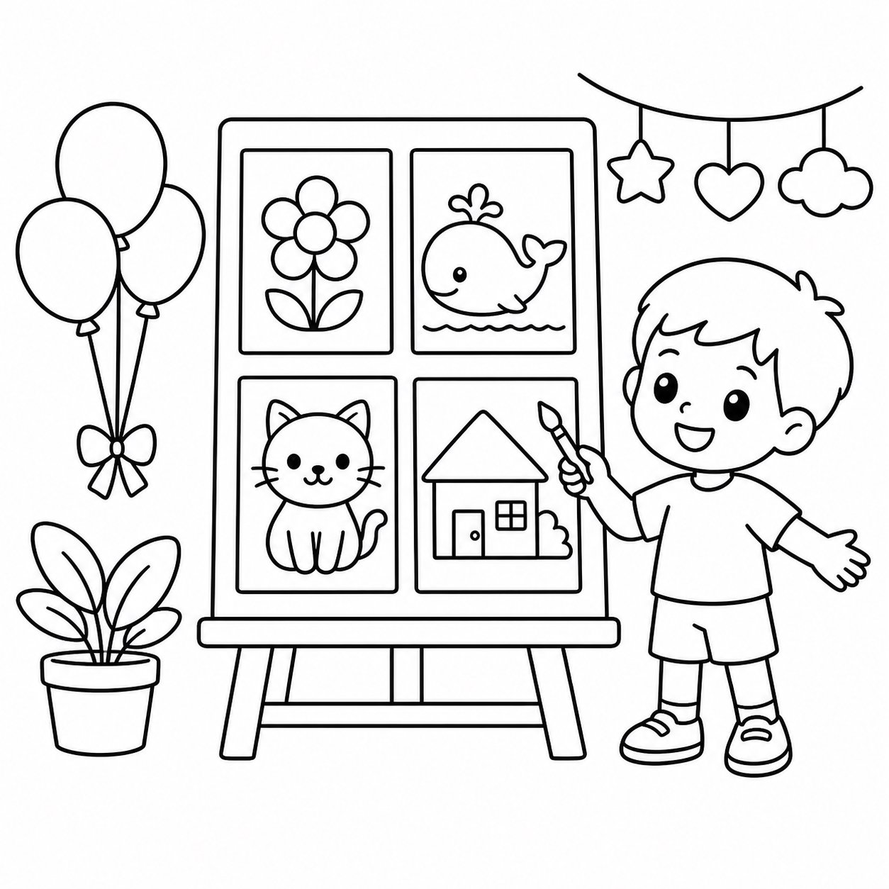 아이가 전시품의 윤곽을 그려요