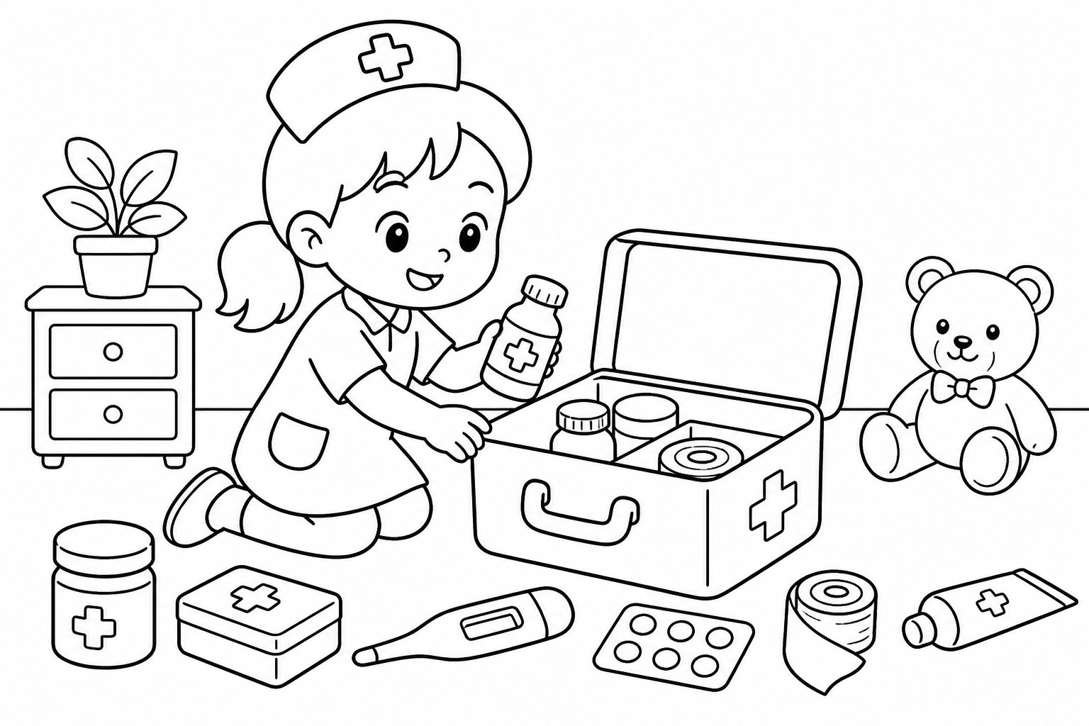 Pequeña enfermera ordenando un botiquín