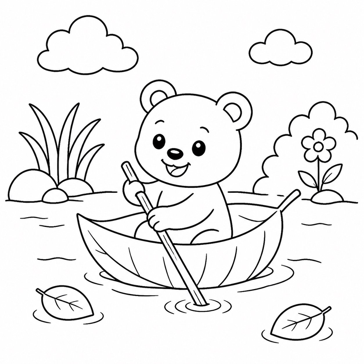 Petit ours fait flotter un bateau en feuilles