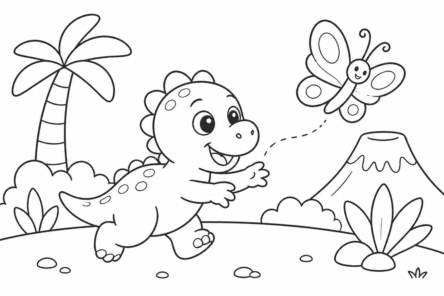 Filhote de dinossauro correndo atrás de uma borboleta