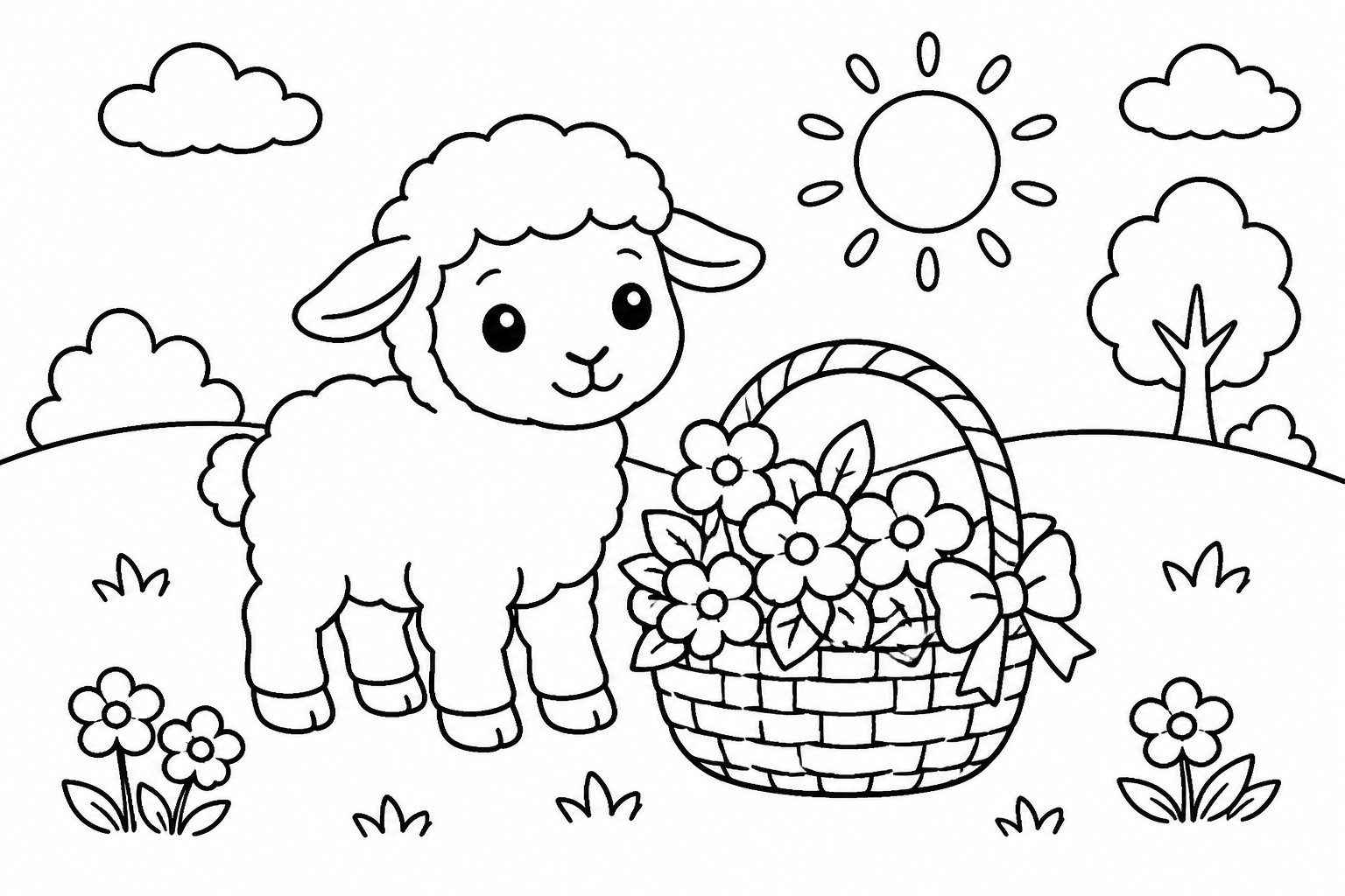 Kleines Lamm bewacht einen Blumenkorb
