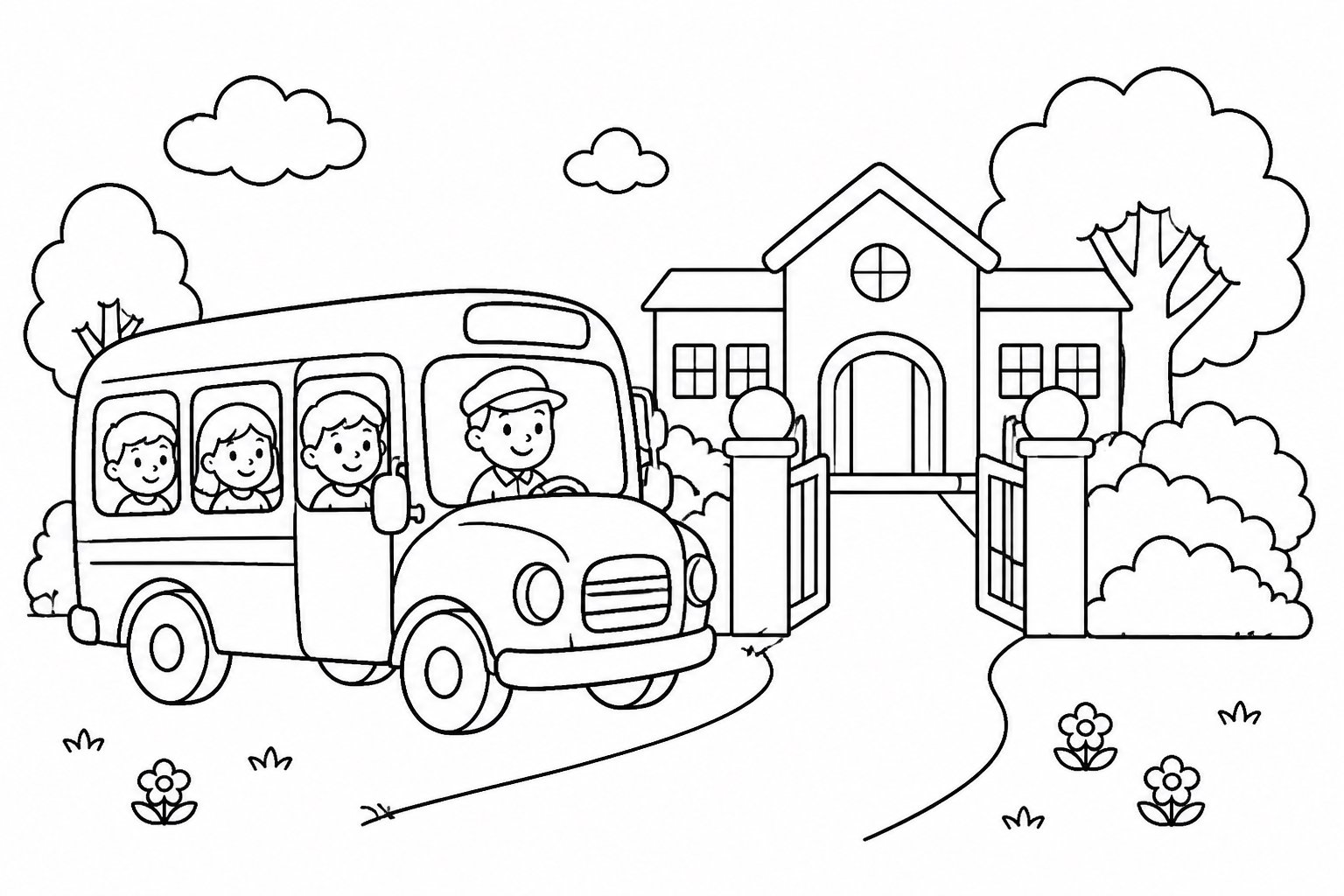 Ônibus escolar parado na entrada da escola