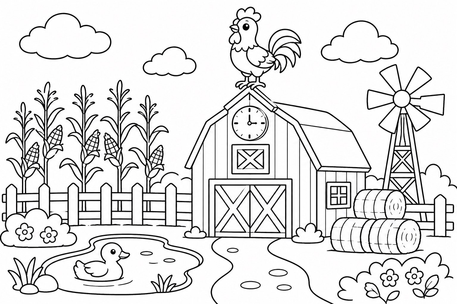 Le coq se tient près de l’horloge de la grange