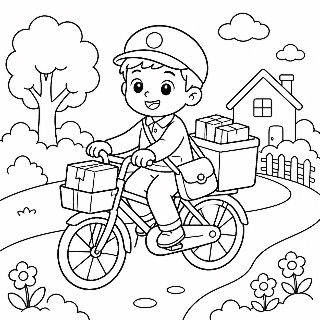 Kleiner Briefträger liefert Pakete mit dem Fahrrad aus