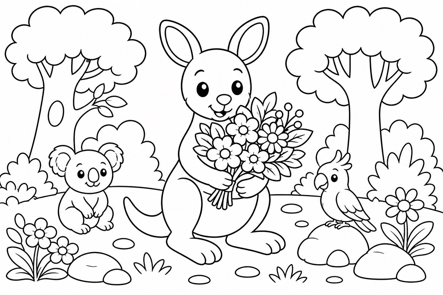 O canguru abraça um buquê da floresta