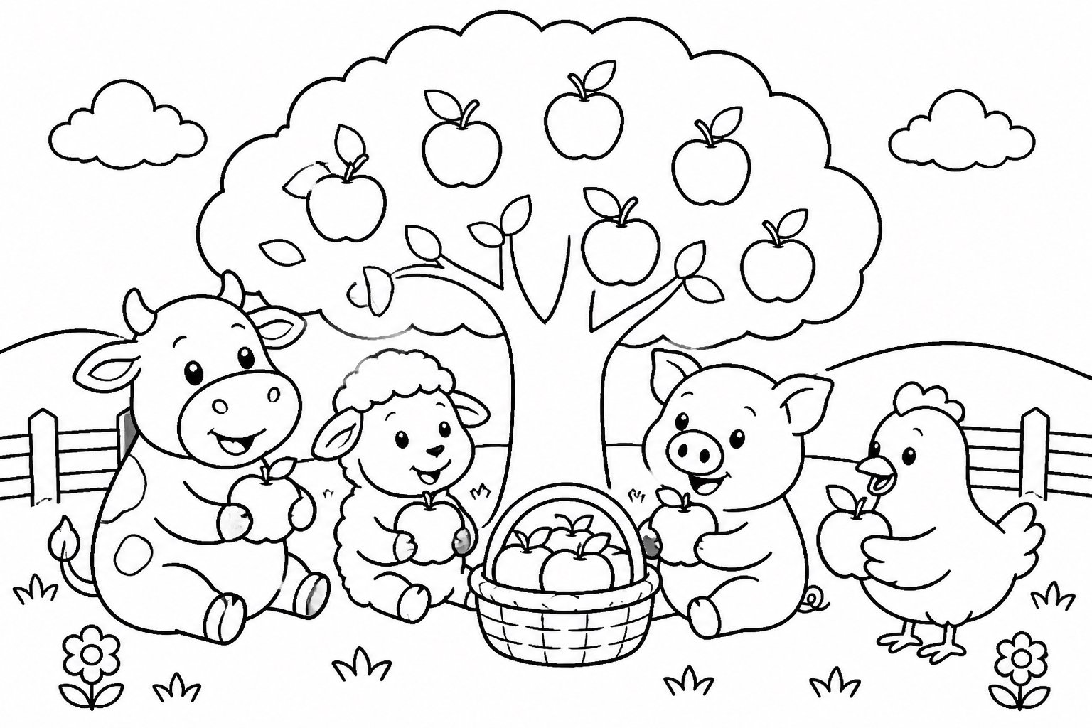 Los amigos de la granja comparten manzanas bajo el árbol