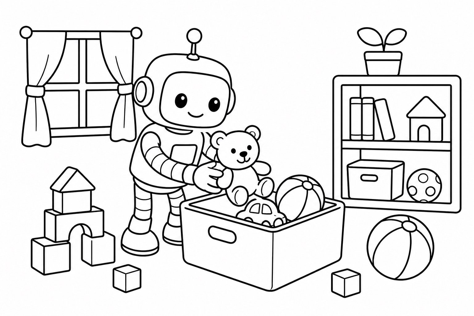 Pequeño robot ordenando juguetes