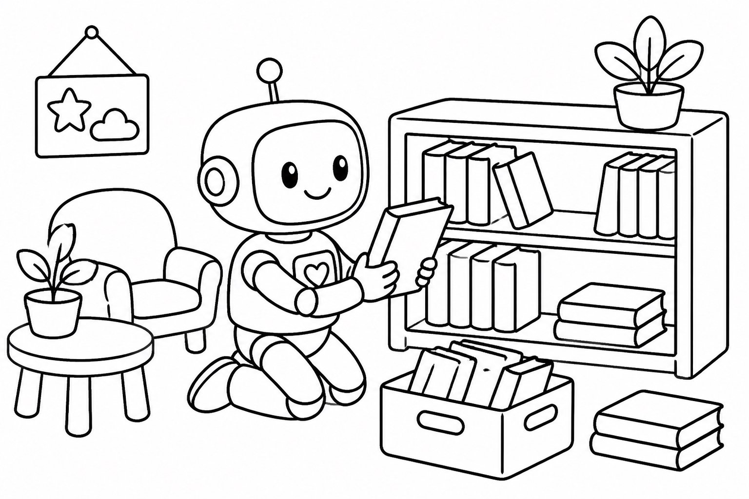 Robot rangeant des livres dans le coin lecture