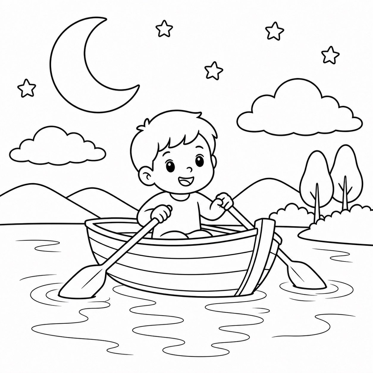 Pequeña barca en una noche de luna