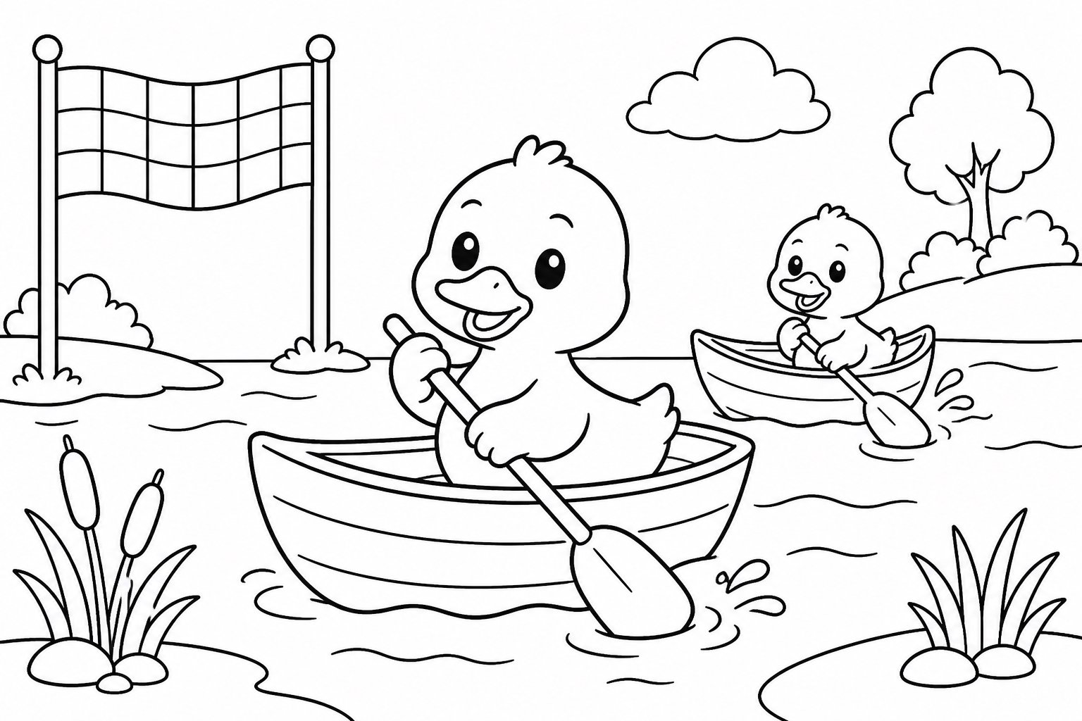 Kleine Ente rudert in einem kleinen Boot