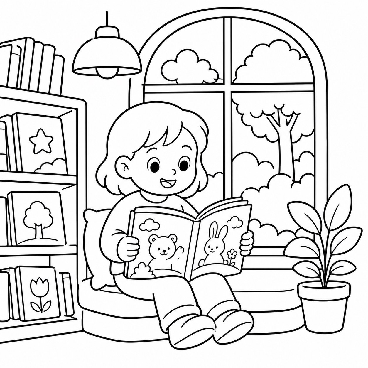 Книга с картинками у окна книжного магазина