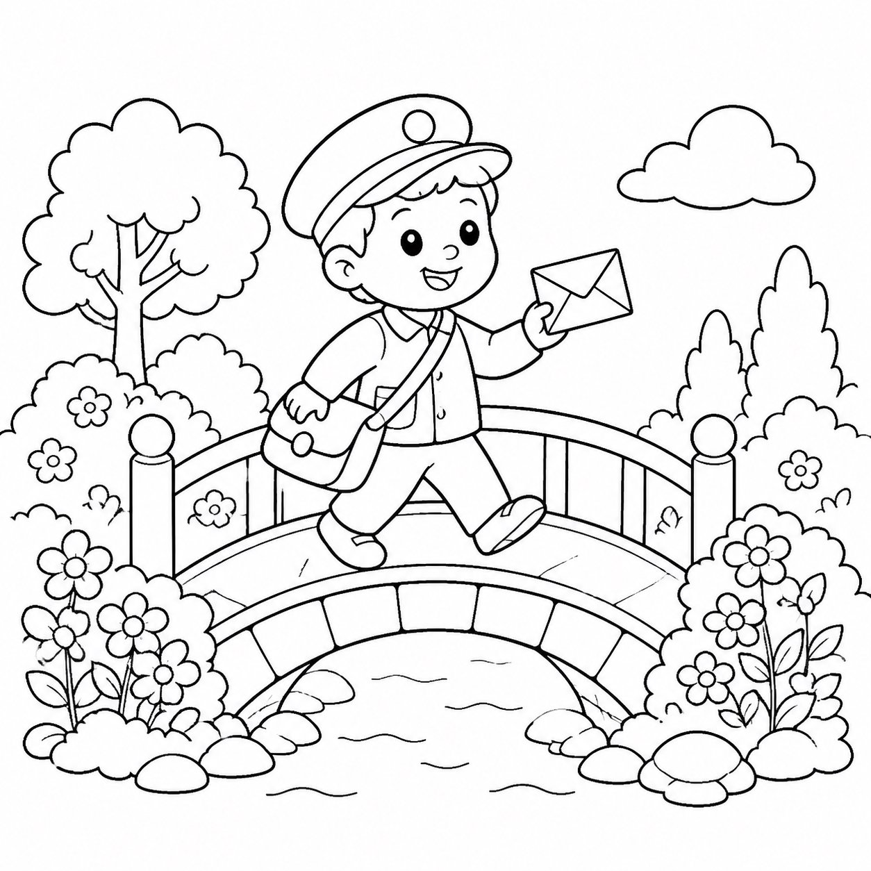 Petit facteur traversant un pont du jardin