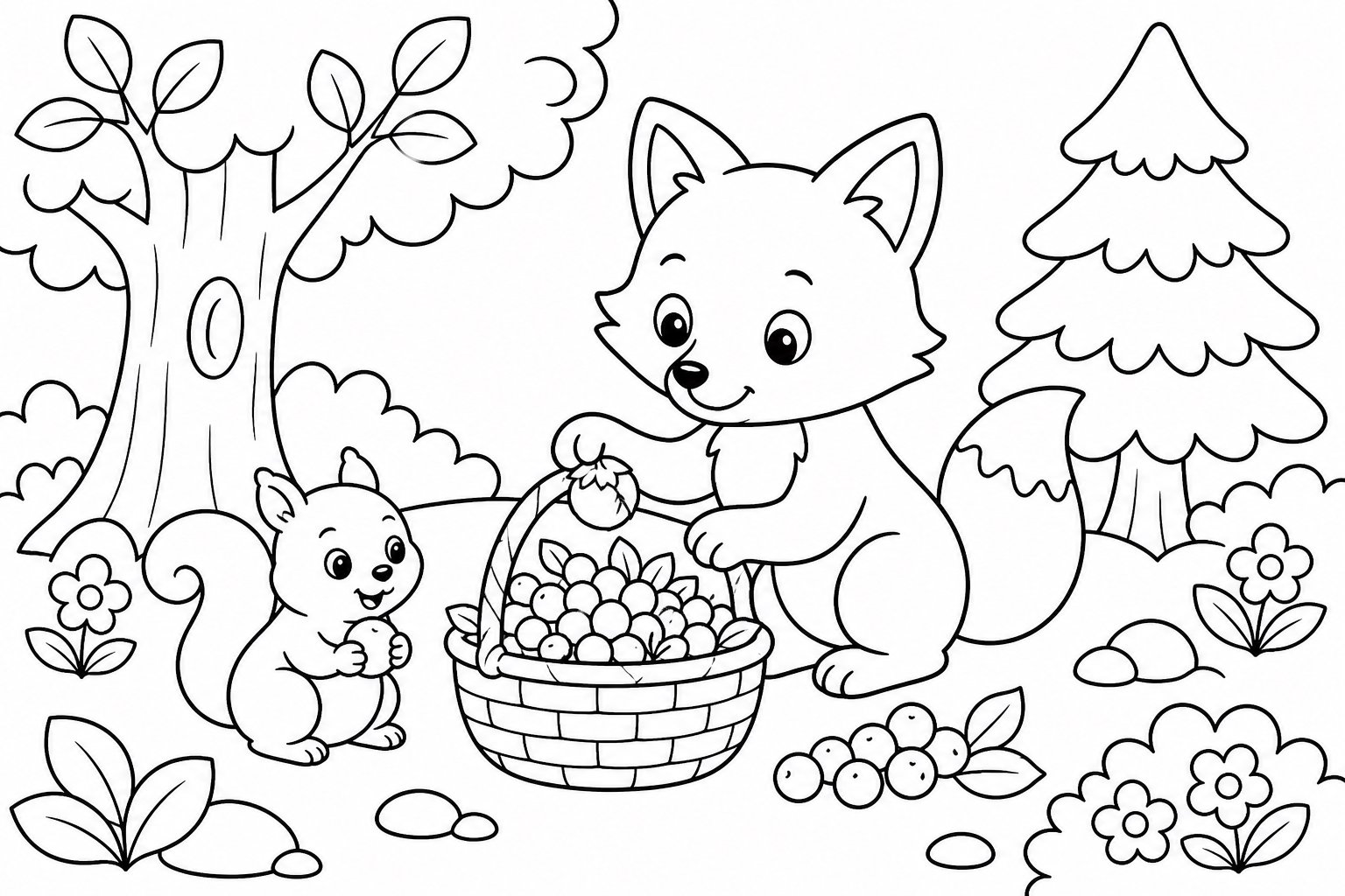 A raposa organiza uma cesta de frutas vermelhas