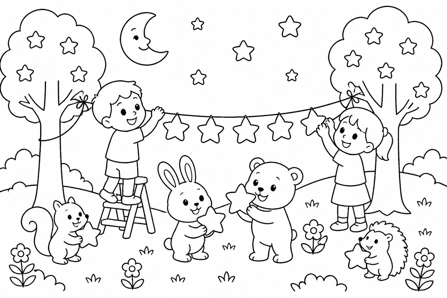 Niños colgando banderas de estrellas