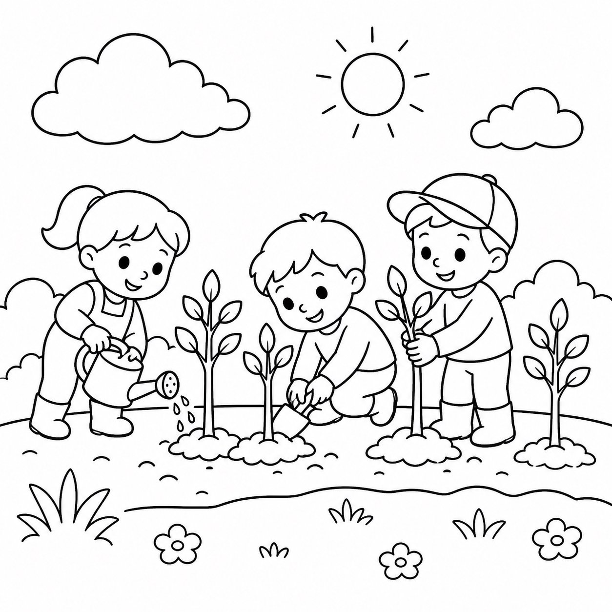친구들이 작은 나무를 한 줄로 심어요
