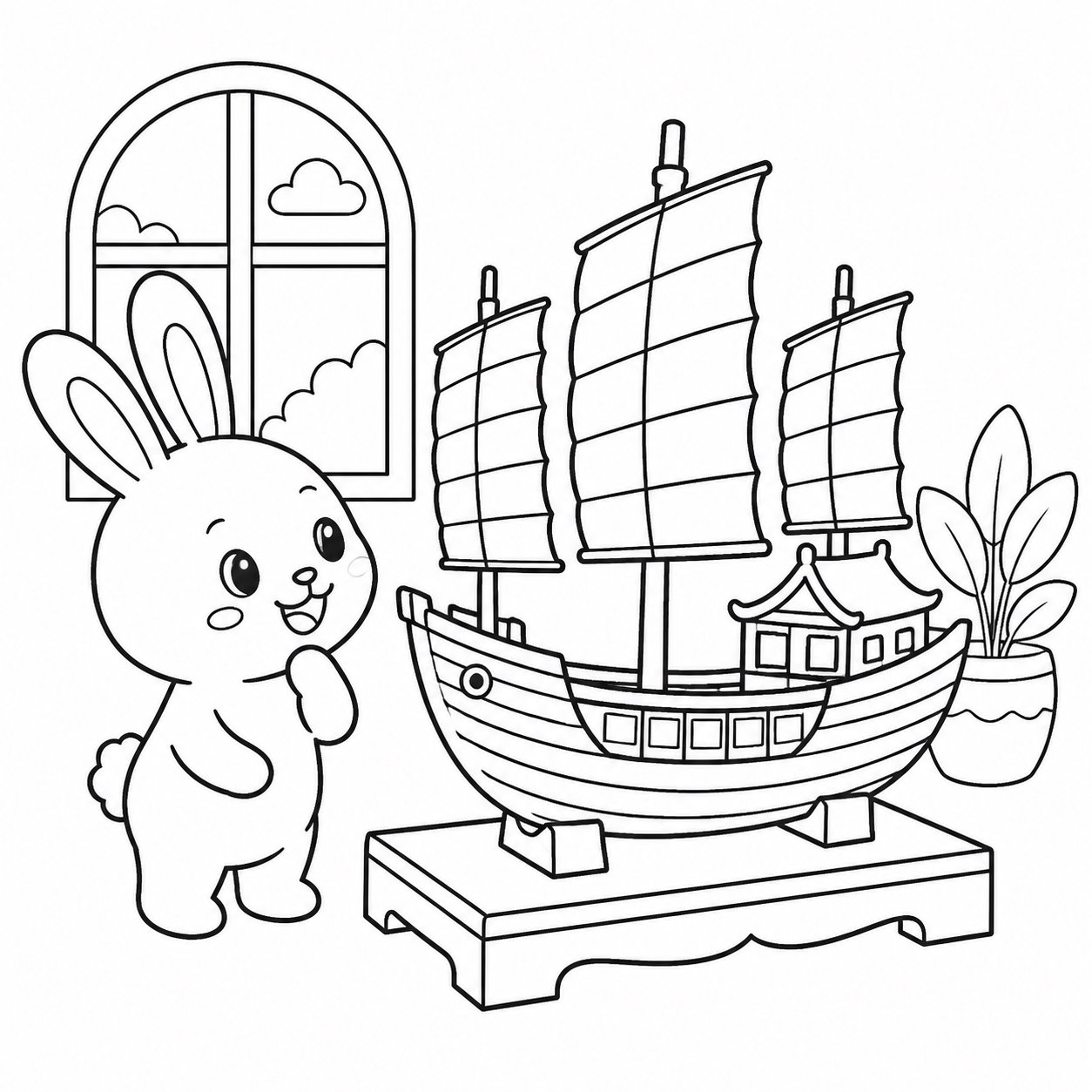 토끼가 고대 배 모형을 바라봐요