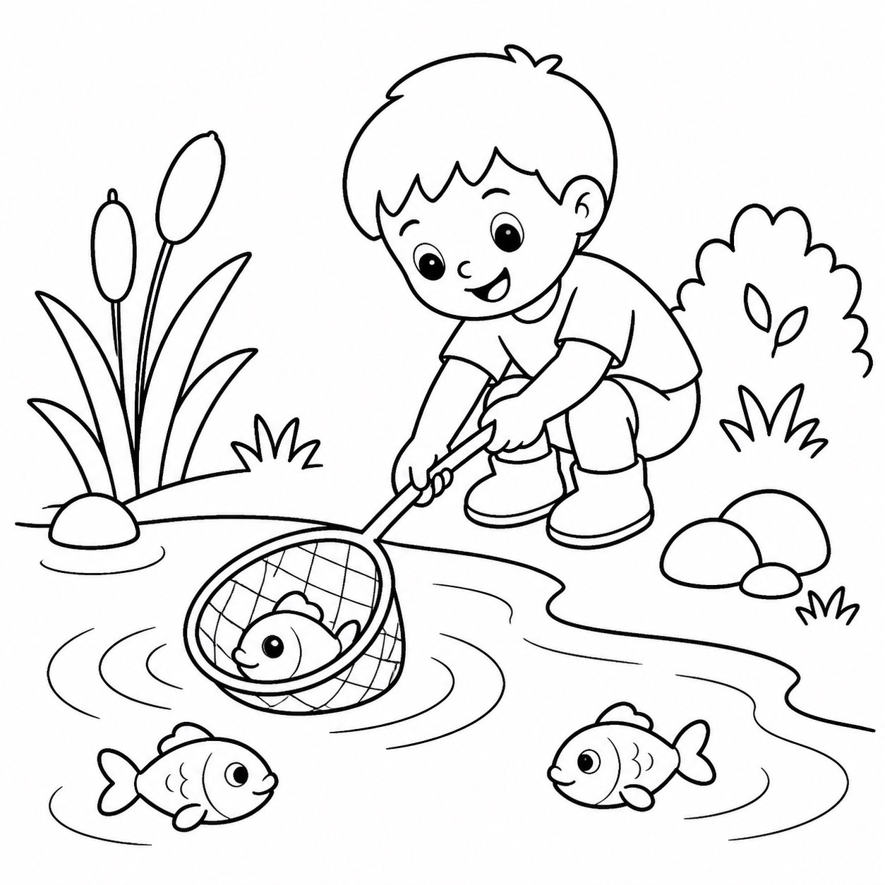 Les enfants attrapent de petits poissons au bord du ruisseau
