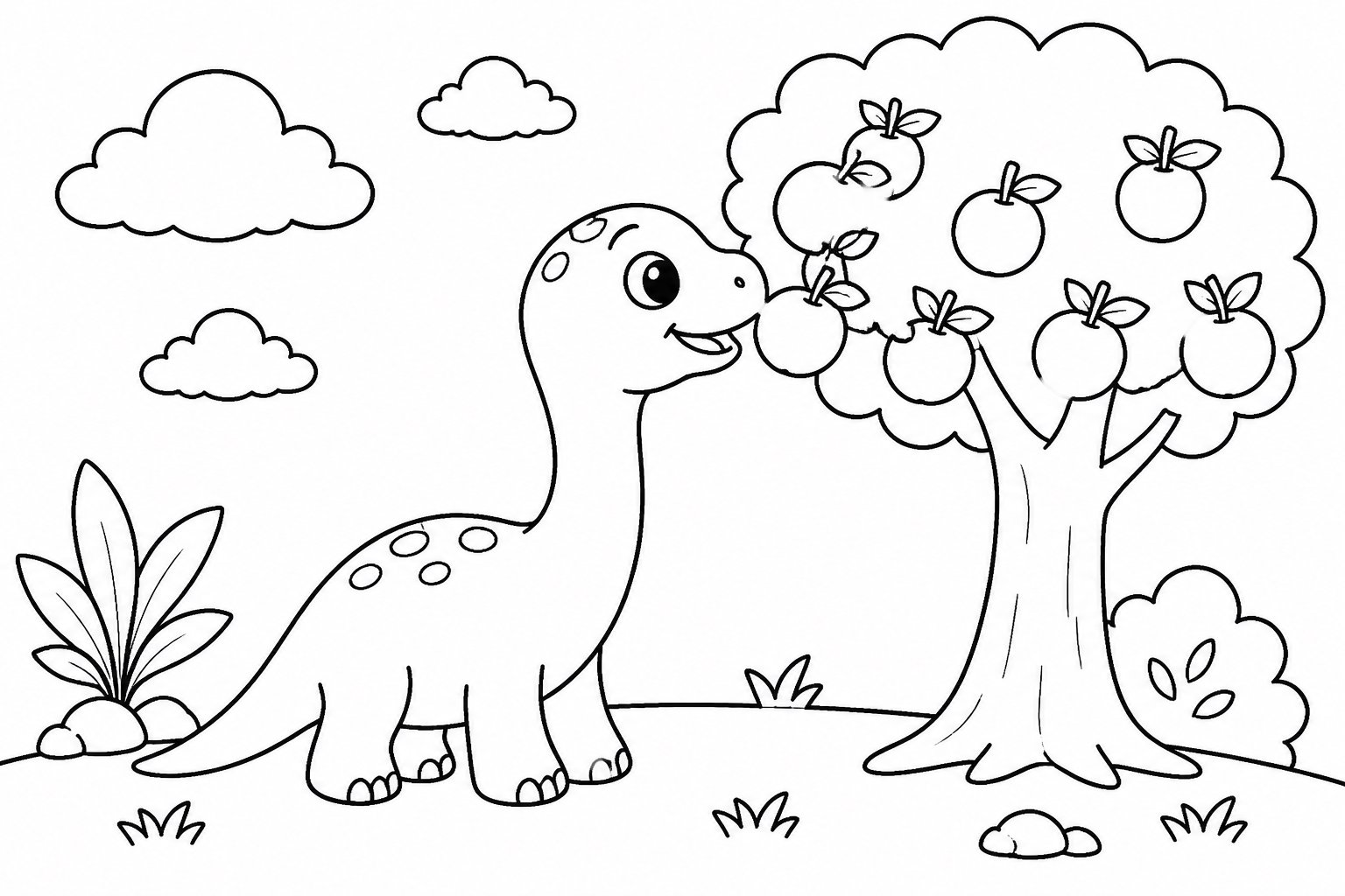 Filhote de dinossauro de pescoço comprido colhendo frutas