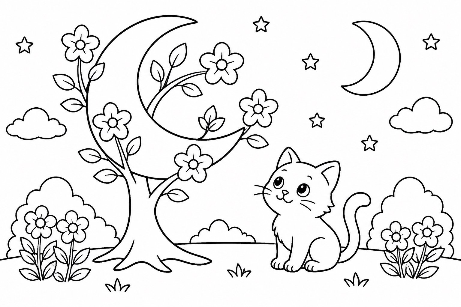 三日月の木のそばの子猫