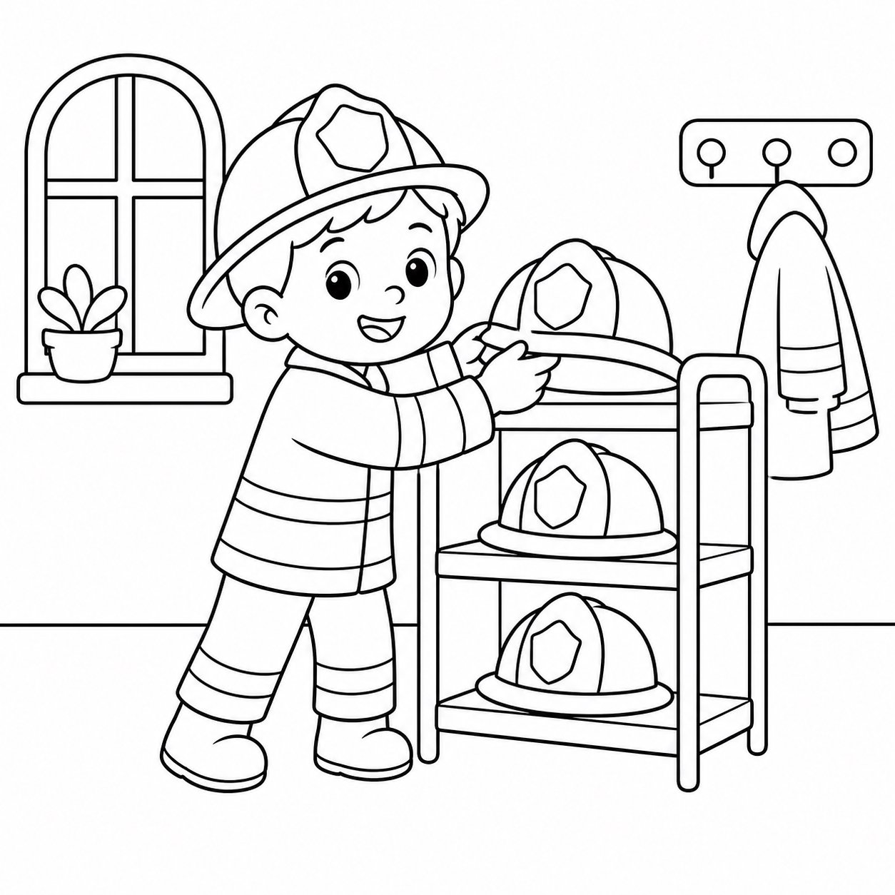 Petit pompier rangeant les casques