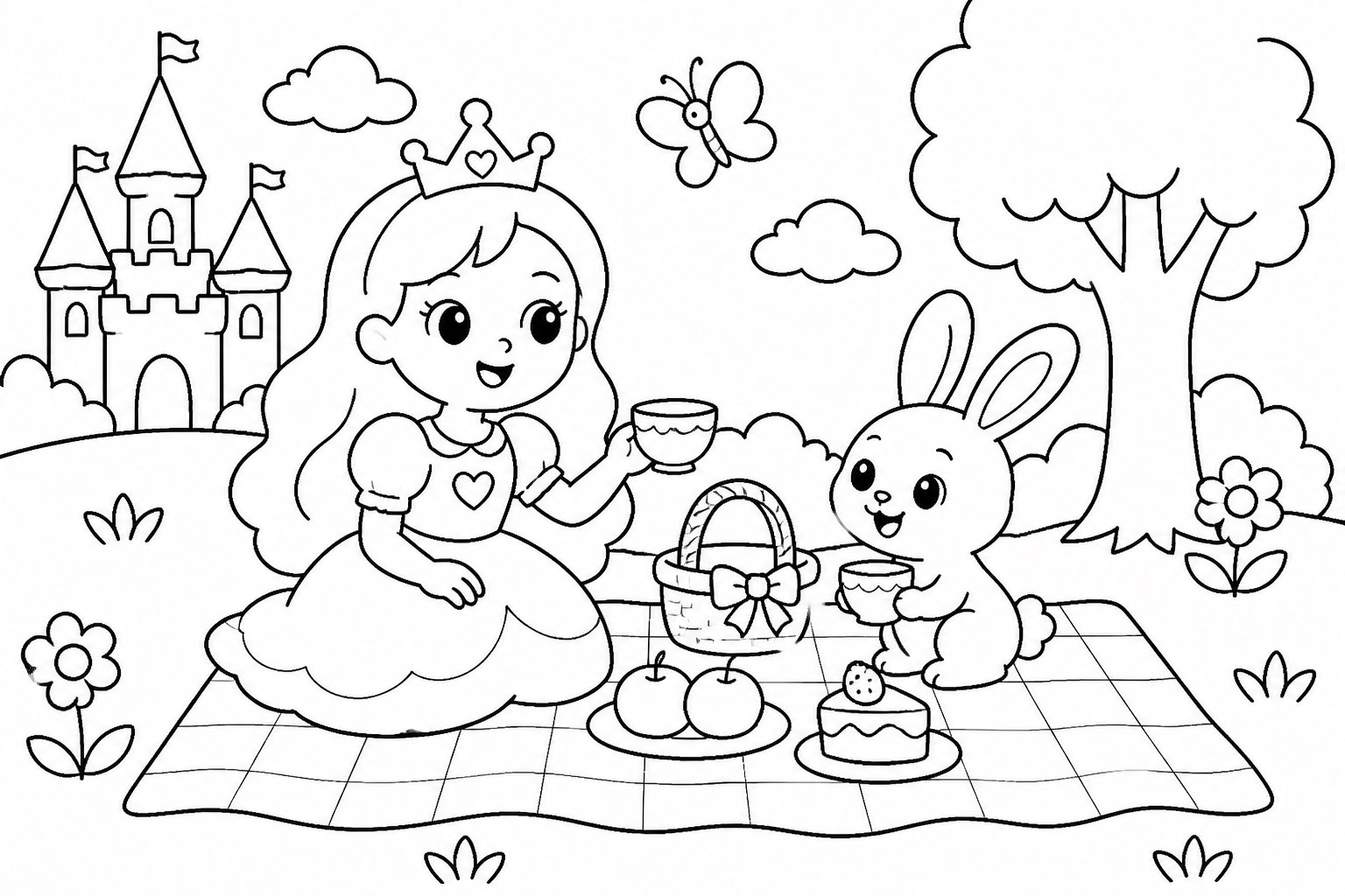Princesse et petit lapin pique-niquant