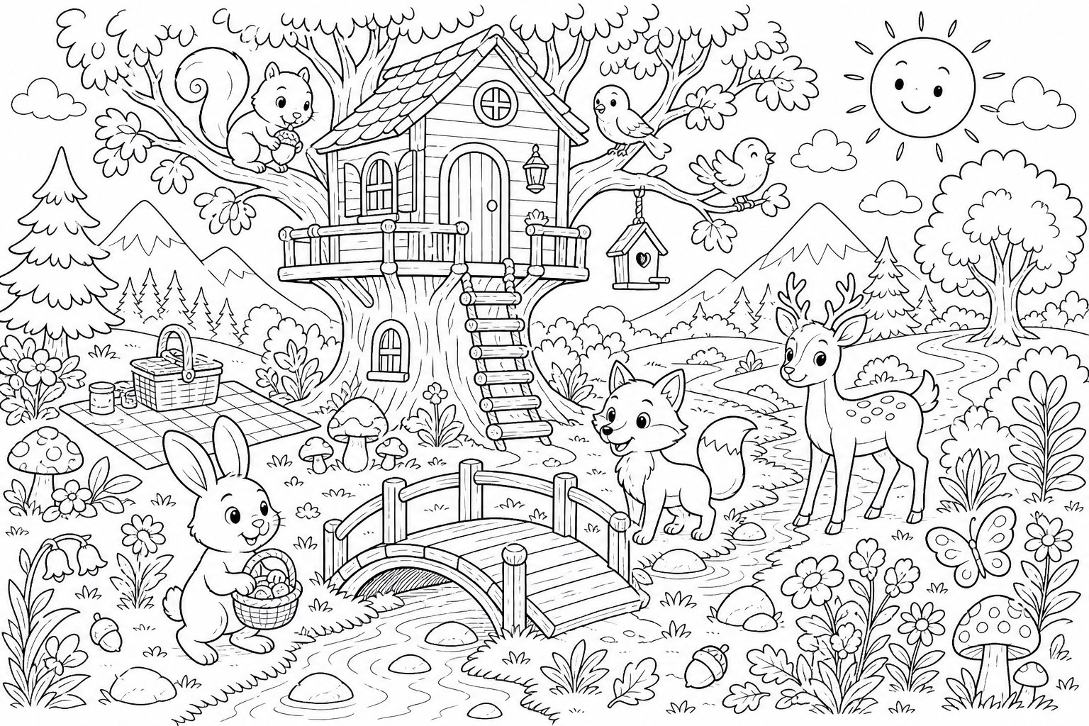 Desenho infantil para colorir de aventura na floresta encantada