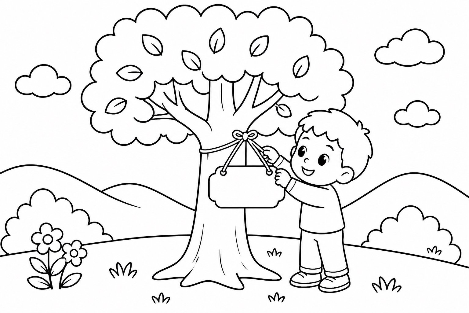 Enfants accrochant des étiquettes aux arbres
