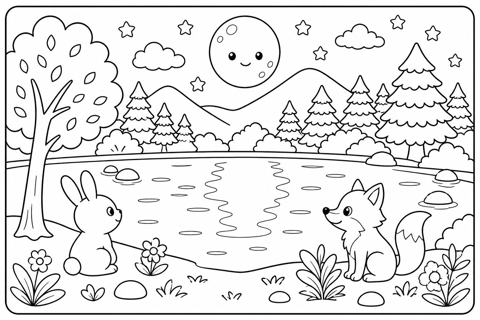 La lumière de la lune éclaire le lac de la forêt