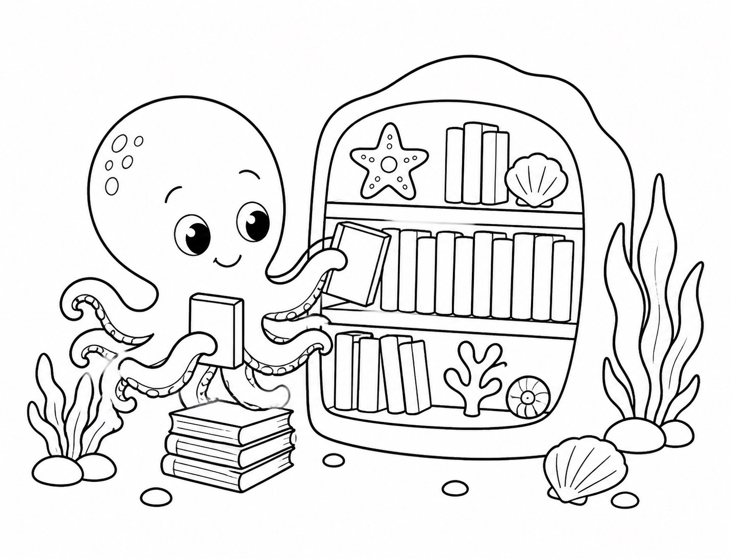바닷속 책장을 정리하는 아기 문어