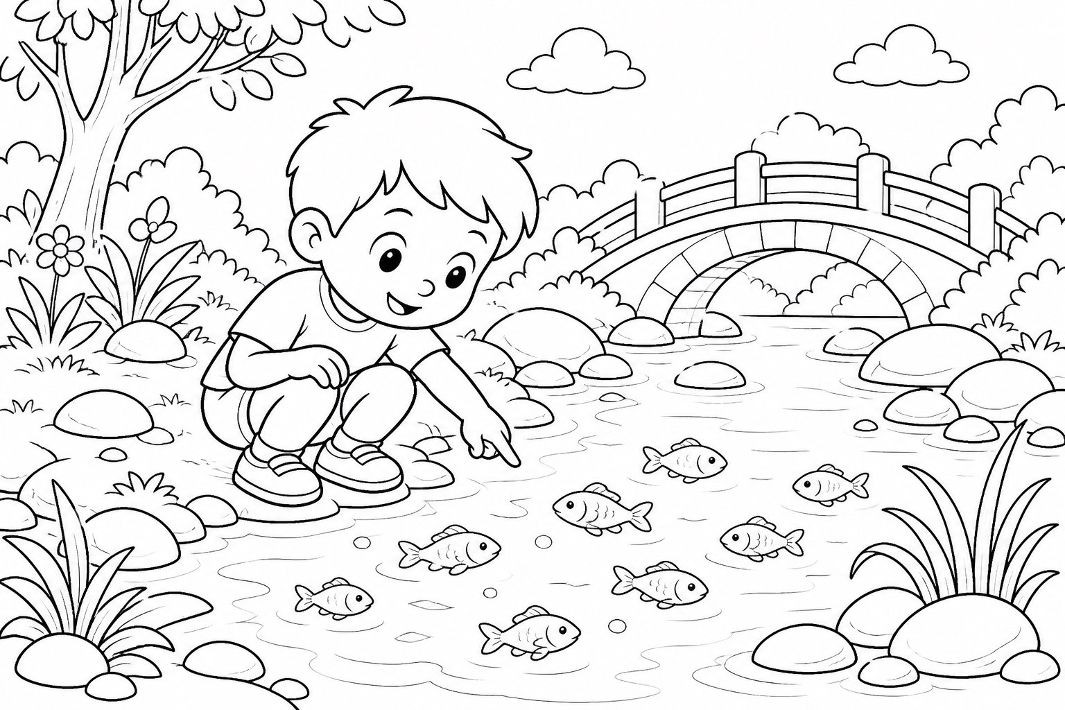 Kind zählt kleine Fische am Bach