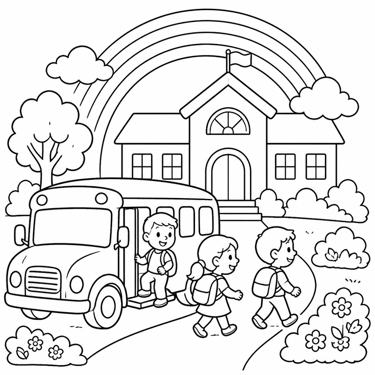 O ônibus escolar para na escola arco-íris