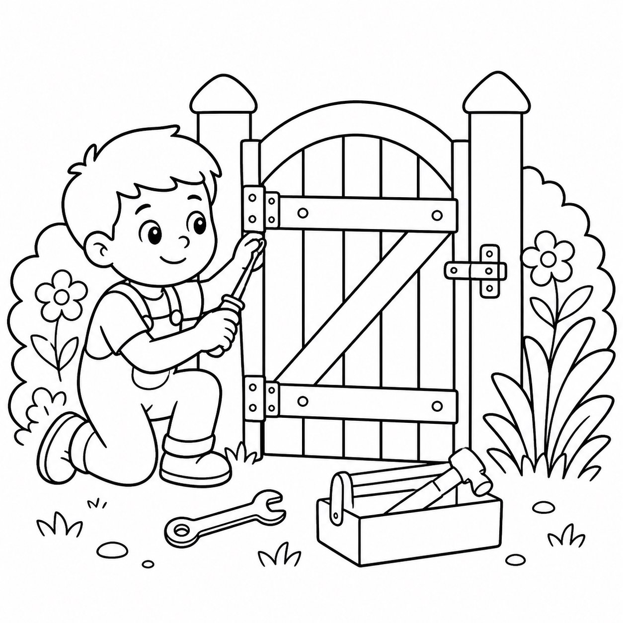 Enfants réparant une porte de jardin