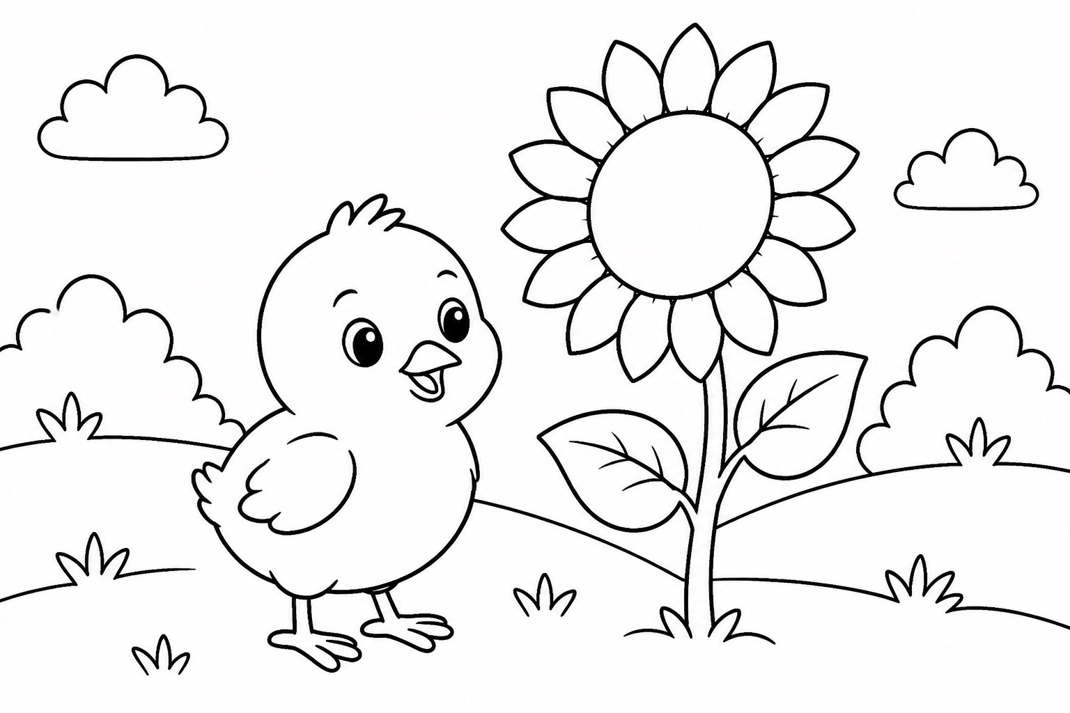 Küken neben einer Sonnenblume