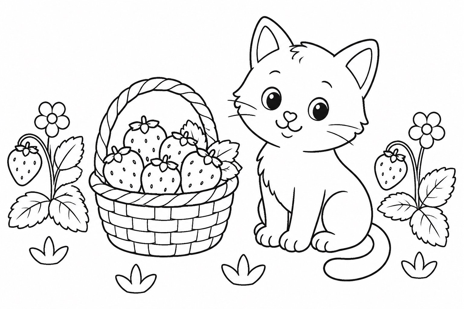 Petit chat près d’un panier de fraises