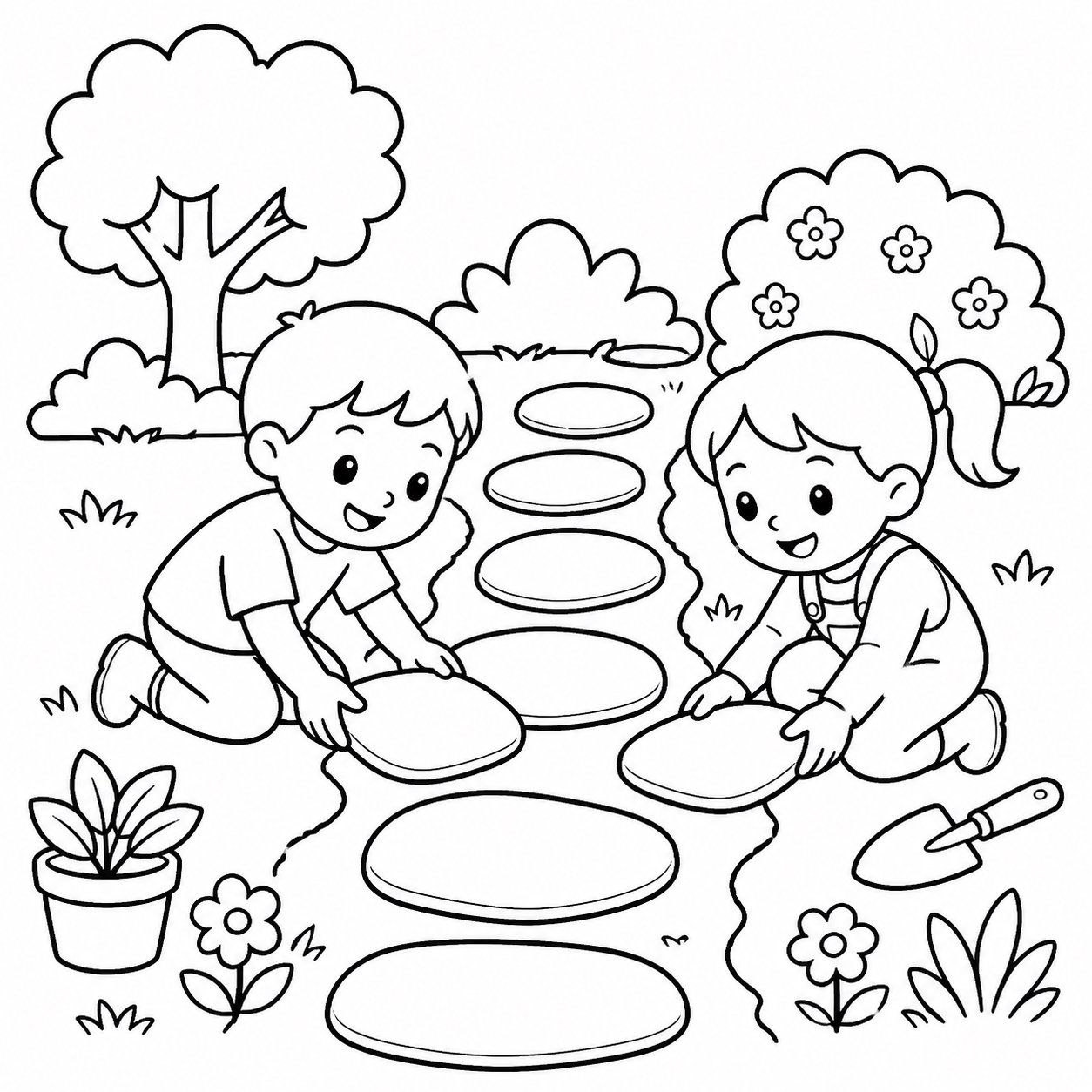 Enfants aménageant une allée de jardin