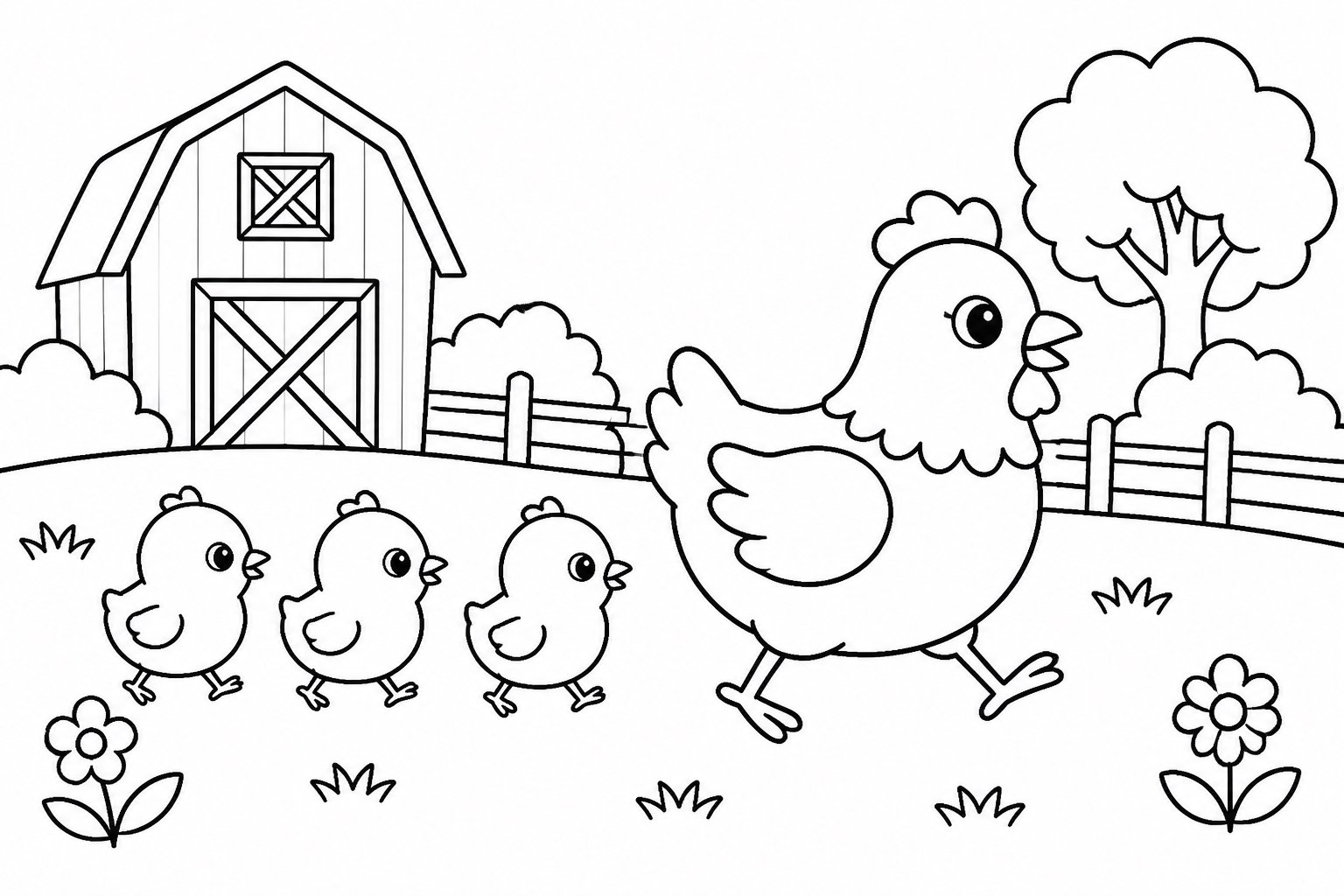 Poussins se promenant avec la poule