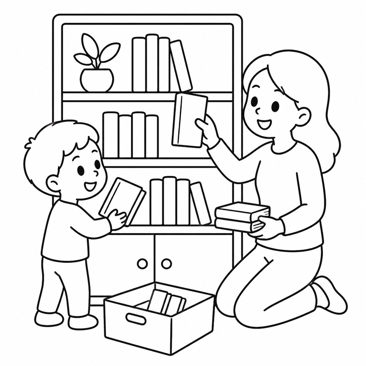 Родитель и ребёнок вместе наводят порядок на книжной полке