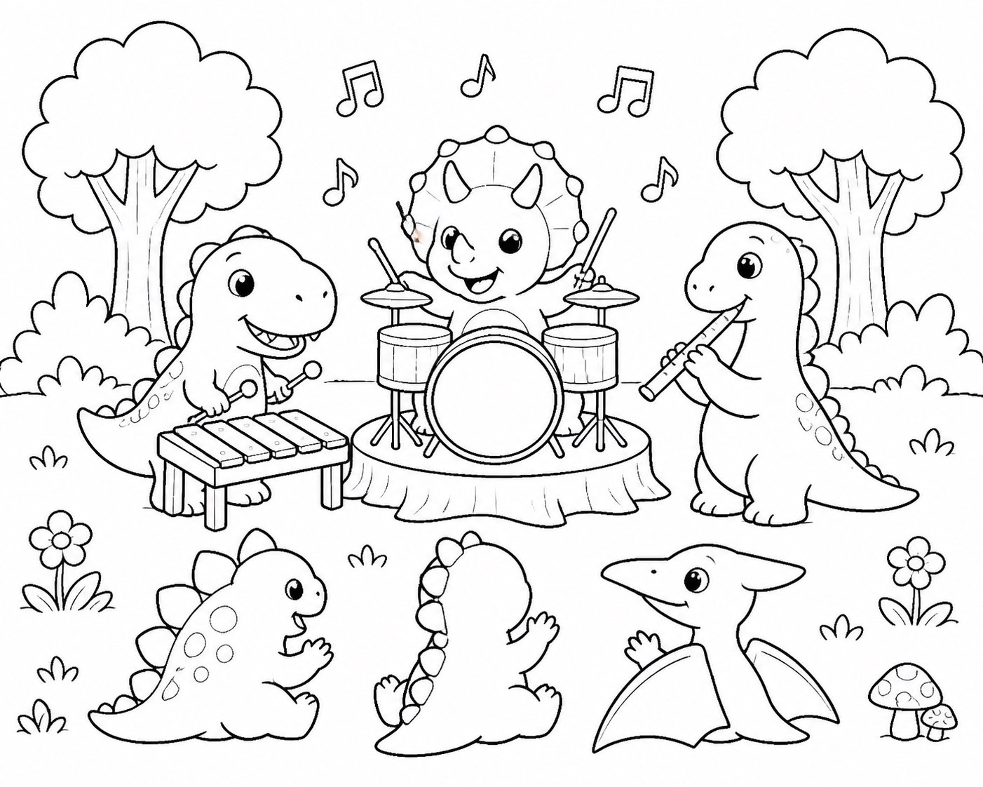Bébé dinosaure à un concert dans la forêt