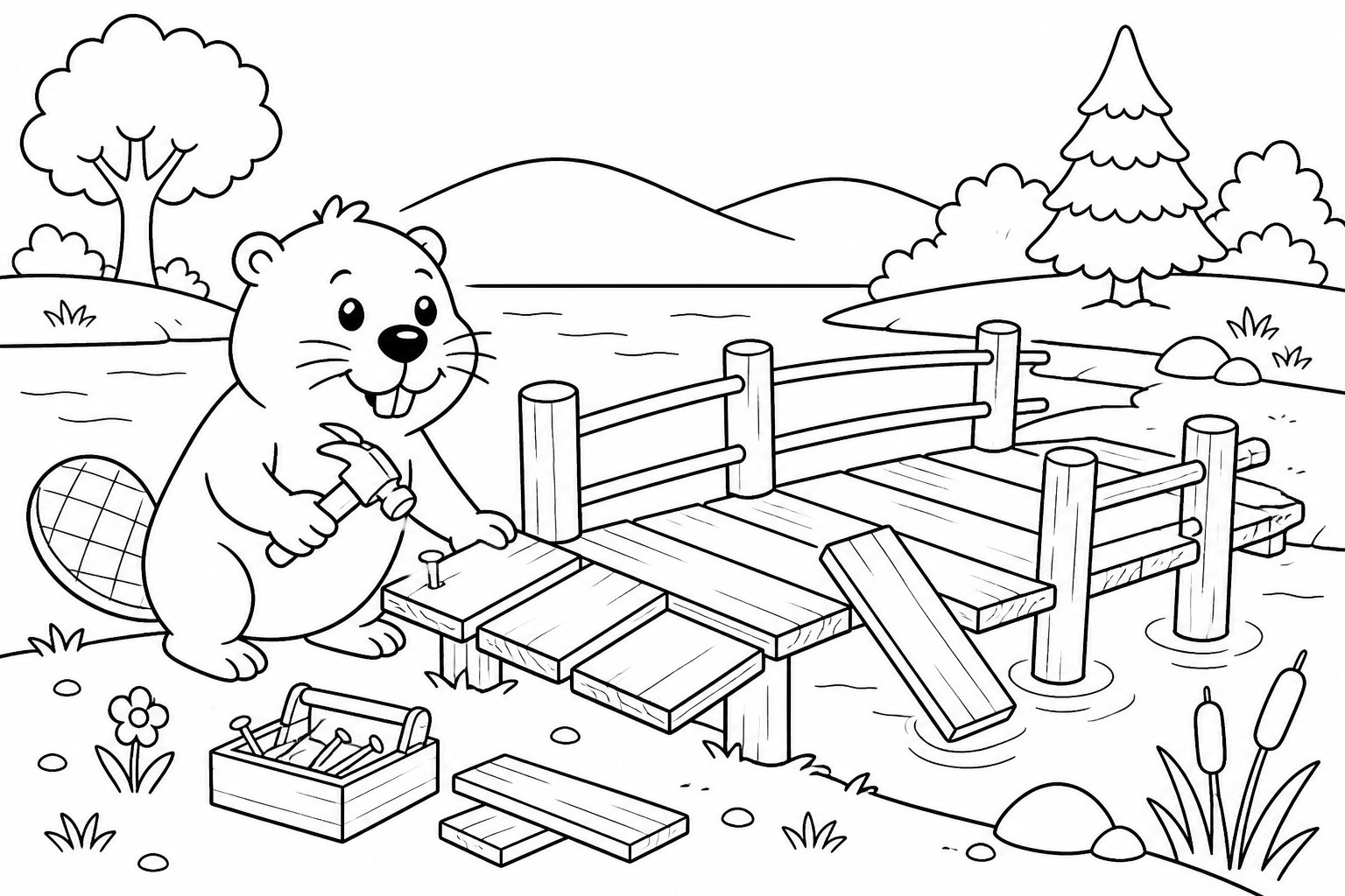Castor reparando un puente de madera