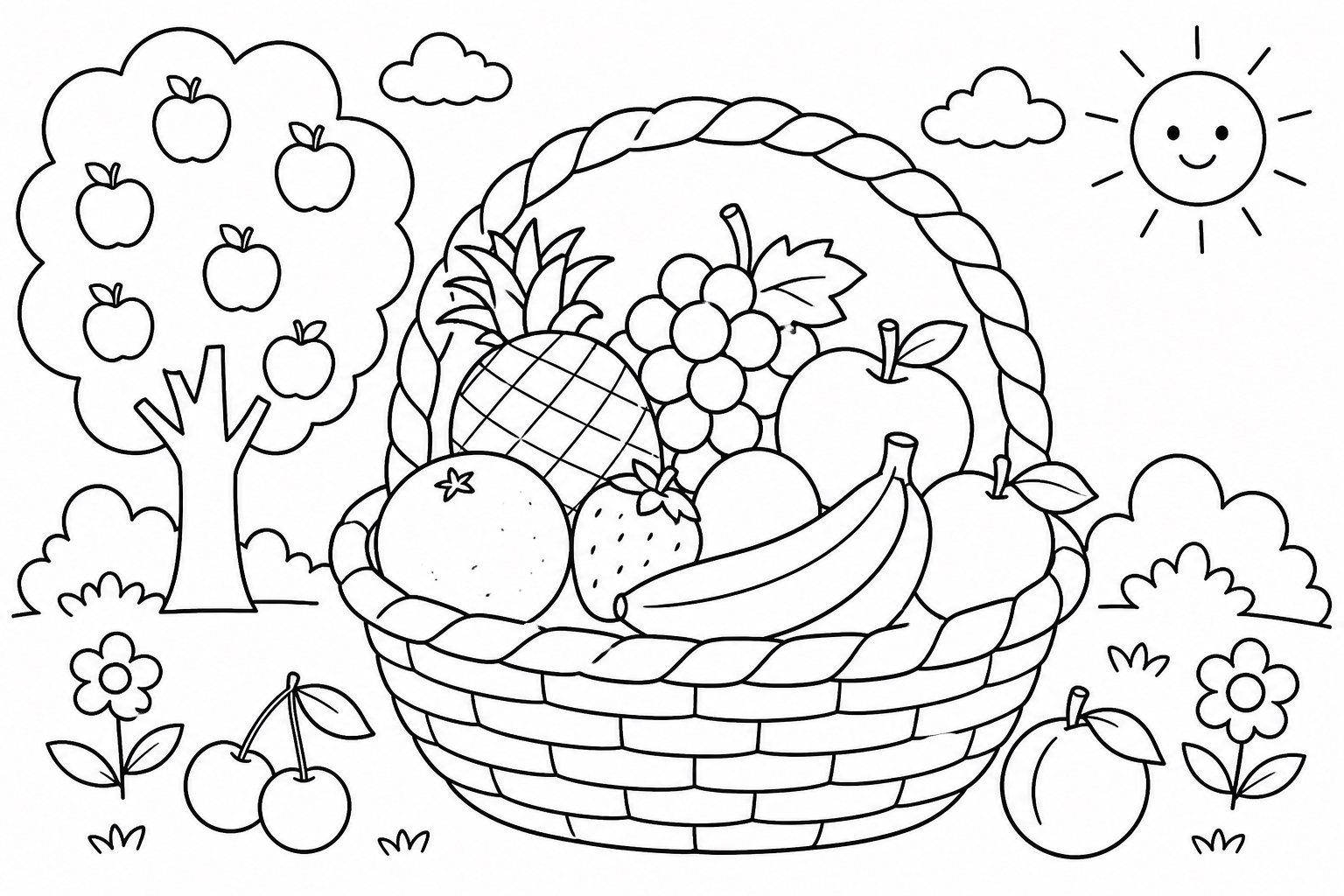 Panier dans un verger arc-en-ciel