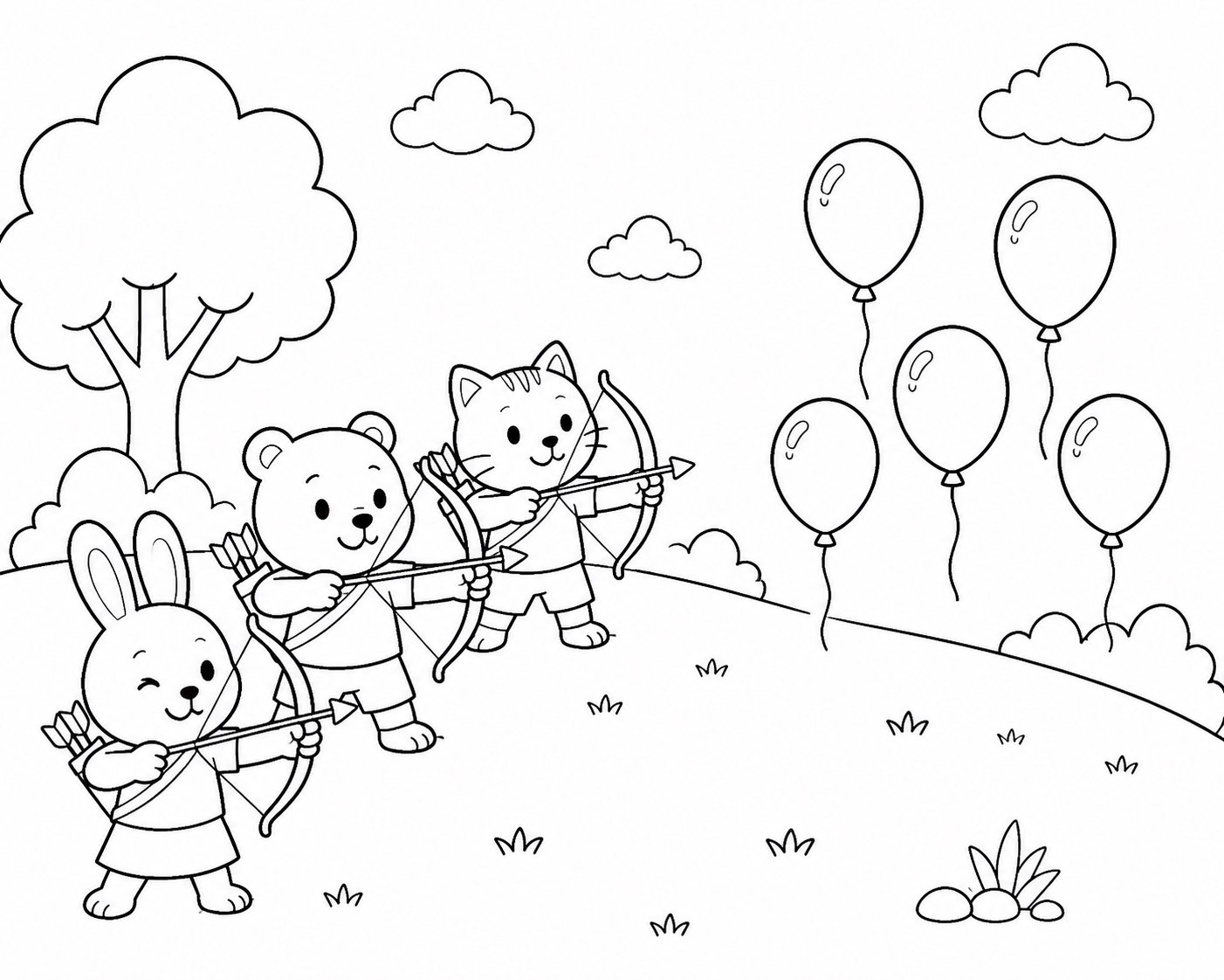 Equipo de tiro con arco apuntando a globos